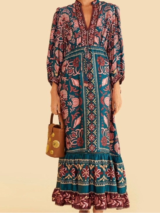 FARM Rio Dresses & Skirts - FARM Rio Teal Maxi Dress with Pink Floral Print 3/4 length Sleeve Boho Size S